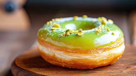 A scrumptious green glazed donut with a generous topping of crushed pistachios, beautifully displayed on a rustic wooden surface, enticingly fresh and colorful.の素材