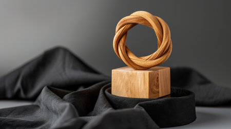 This image showcases a beautifully crafted wooden sculpture featuring a unique knot design. The piece is elegantly placed on textured black fabric, highlighting its artistry and modern aesthetic.の素材