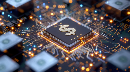 This image features a close-up view of a computer chip adorned with a dollar symbol, representing the intersection of technology and finance in the digital age.の素材