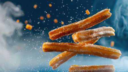 Enjoy the enticing visual of golden churros covered in sugar and cinnamon dust, floating against a soft blue backdrop, evoking a sense of indulgence.の素材