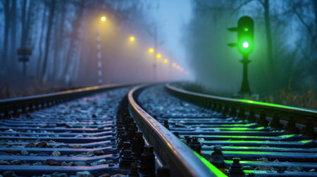 This captivating image showcases railway tracks winding through a thick fog, featuring a green signal light that adds an air of mystery. The tranquil morning atmosphere invites exploration.の素材