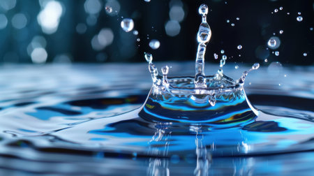 This stunning close-up captures a water droplet creating a mesmerizing splash on a reflective surface, surrounded by blurred blue hues.の素材