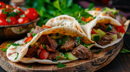 A mouthwatering display of grilled meat tacos filled with fresh vegetables and herbs, served on a rustic wooden board, perfect for any meal occasion.の素材