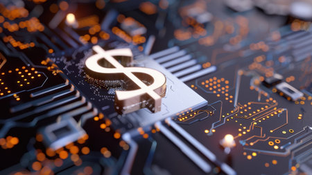 This striking image features a glowing dollar symbol placed on a sleek circuit board, visually representing the intersection of digital currency and modern financial technology innovations, ideal for articles or projects focused on finance and technology.の素材