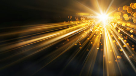 A stunning display of bright golden light rays radiates through a dark space, creating an enchanting backdrop filled with shimmering particles.の素材