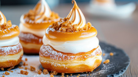 A beautifully crafted dessert showcasing layers of fluffy pastry filled with rich cream, topped with elegant meringue and crunchy crumble garnish, perfect for any occasion.の素材