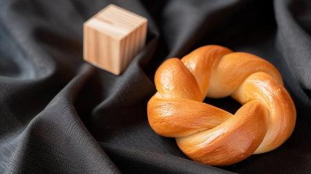 A close-up shot of freshly baked twist bread showcasing its golden texture, placed on elegant black fabric with a wooden cube nearby, embodying minimalist charm.の素材