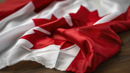 A picturesque view of the Canadian flag elegantly draped over a wooden surface, showcasing its vibrant colors and soft texture. Perfect for themes of national pride.の素材