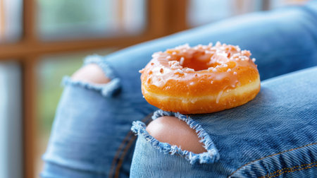 A fresh glazed donut sits on a knee covered with ripped jeans, capturing a casual moment of indulgence in a bright and inviting atmosphere.の素材