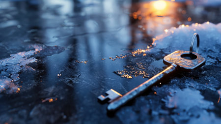 A solitary key rests on a frozen surface, surrounded by intricate ice textures. Soft light reflects in the background, enhancing the mysterious and serene atmosphere.の素材