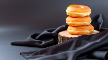 Three freshly glazed donuts stacked on a rustic wooden slice, elegantly surrounded by soft black fabric. Perfect for gourmet food photography and dessert menus.の素材