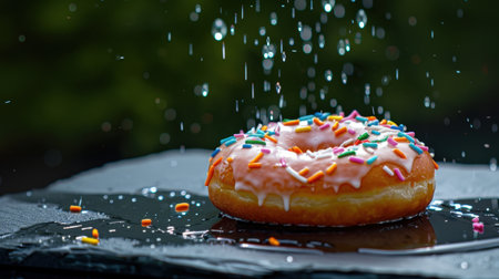 This captivating image features a delicious pink donut topped with colorful sprinkles, resting on a dark surface with shimmering water droplets, highlighting its fresh appeal.の素材
