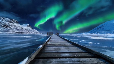 Experience the mesmerizing beauty of the northern lights in this stunning image featuring a pier stretching over icy waters under a starry night sky.の素材