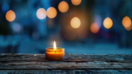 A serene scene capturing a single lit candle on a rustic wooden table, surrounded by a soft focus bokeh background, creating a cozy and warm atmosphere.の素材