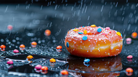 A colorful donut with bright sprinkles sits on a reflective wet surface, surrounded by colorful candies and raindrops, creating a playful and whimsical scene.の素材