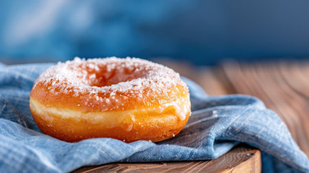This captivating image features a sugar-glazed donut resting on a rustic wooden surface, complemented by a soft blue background that enhances its tempting appearance. Perfect for food lovers!の素材