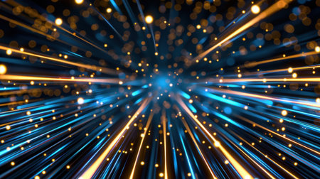 Experience a mesmerizing display of colorful light rays and glowing particles that create an abstract visual. Ideal for digital projects or backgrounds.の素材