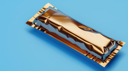 A glossy chocolate bar wrapper rests on a vibrant blue background, showcasing its shiny texture and reflective surface, perfect for food photography.の素材