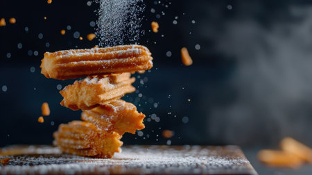 An artistic photo of stacked churros, dusted with powdered sugar, captures the essence of indulgent desserts. Perfect for culinary inspiration.の素材