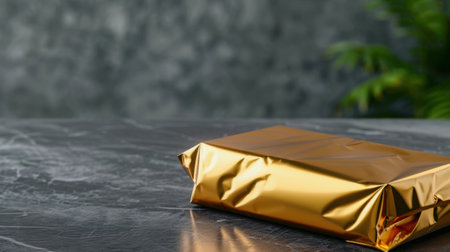 A stunning golden gift box wrapped in shiny foil is showcased atop a marble surface, with blurred green foliage creating a festive atmosphere. Perfect for holiday themes.の素材