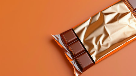 A delectable milk chocolate bar rests wrapped in shiny gold foil against a vibrant orange background, showcasing luxury and indulgence. Perfect for sweet cravings!の素材