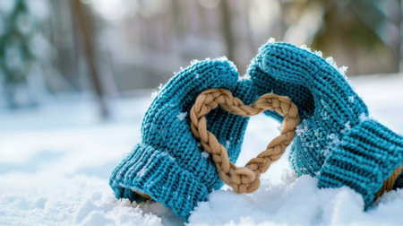A charming winter scene featuring cozy knitted gloves forming a heart shape with braided twine, symbolizing love and warmth amidst a snowy backdrop.の素材