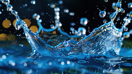 Stunning close-up image of water droplets splashing on a surface, creating mesmerizing patterns and reflections with a soft bokeh background.の素材