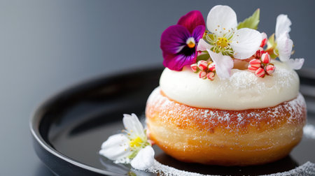 A beautifully crafted donut topped with rich cream and an artistic arrangement of edible flowers, presented on a sleek black plate, illustrating culinary elegance.の素材