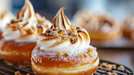 Tempting donuts topped with creamy frosting and sweet crumble, beautifully arranged on a cooling rack, ideal for dessert lovers and food photography.の素材