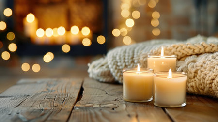 A serene scene featuring glowing candles on a wooden surface beside a soft knitted throw. The warm light enhances cozy ambiance, perfect for relaxation.の素材