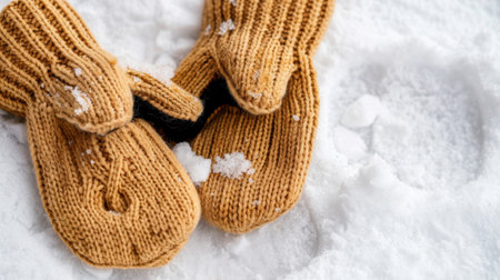 A pair of cozy yellow knitted mittens rests gently on fresh snow, embodying warmth and comfort in the chilly winter season. Perfect for seasonal activities.の素材