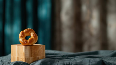 A freshly baked sesame bagel rests elegantly on a wooden block, featuring a soft focus background of draped fabric. Perfect for food enthusiasts.の素材