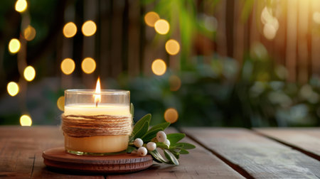 A beautiful candle glows softly, wrapped in twine, set on a wooden surface. The warm light and bokeh create a serene atmosphere, perfect for relaxation.の素材