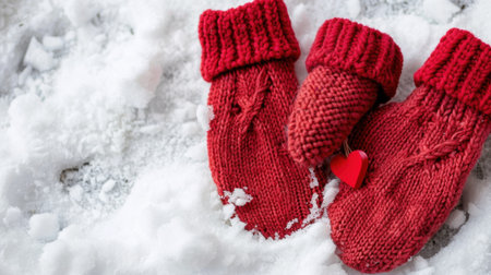 This charming image features red knitted mittens resting on a blanket of fresh snow, adorned with a small heart tag, symbolizing warmth and love during winter.の素材