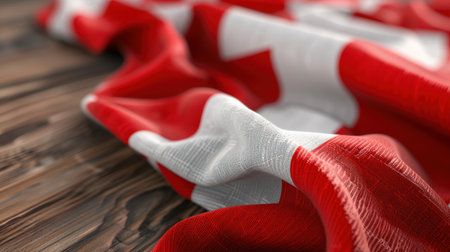 This image features a close-up view of a red and white fabric draping elegantly over a rustic wooden surface, showcasing texture and softness.の素材