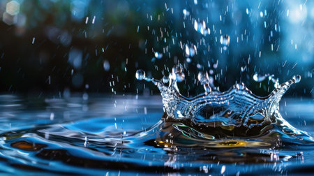 Captivating close-up image of a water droplet splashing into a smooth surface, creating a stunning ripple effect under soft natural light, showcasing beauty.の素材