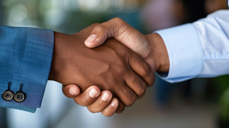 This image captures a close-up of two hands in a firm handshake, symbolizing partnership, trust, and professionalism in a corporate environment.の素材