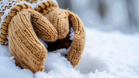 A close-up view of warm knitted gloves resting in soft white snow, showcasing the cozy texture and inviting colors perfect for winter activities.の素材