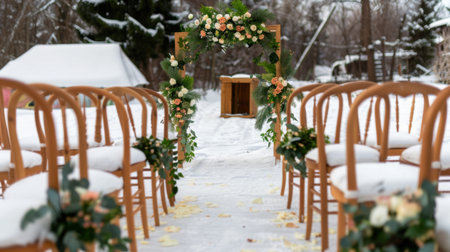 A picturesque winter wedding scene featuring a beautifully decorated arch and rows of elegant chairs, surrounded by snow and nature's tranquility.の素材