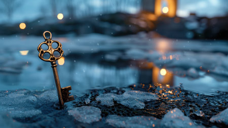 An antique key rises from the icy water surface, surrounded by frost and illuminated by soft lights. This serene winter scene evokes feelings of mystery and exploration.の素材