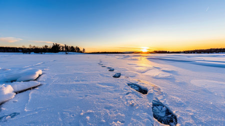 A stunning winter sunset casts warm hues over a frozen lake, with distinct footprints leading through untouched snow, creating a tranquil scene.の素材