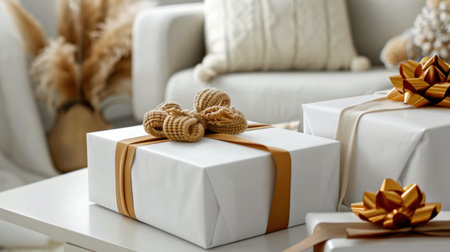 Capture the essence of celebration with elegant white gift boxes adorned with decorative bows, set against a cozy home backdrop perfect for any festive occasion.の素材