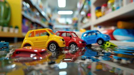 A vibrant scene featuring yellow, red, and blue toy cars on a shiny puddle in a store. The playful environment captures the essence of childhood joy and creativity.の素材
