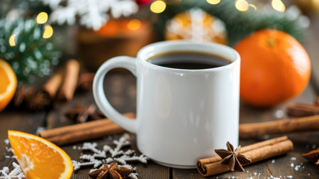 A cozy scene featuring a warm mug of coffee surrounded by fresh oranges, cinnamon sticks, and festive decorations on a rustic wooden table.の素材