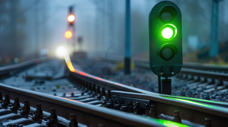 This image captures a bright green railway signal standing out in a foggy morning, signaling safe passage on the tracks. The illuminated rails lead into the distance, emphasizing the essential role of signaling in railway transportation.の素材