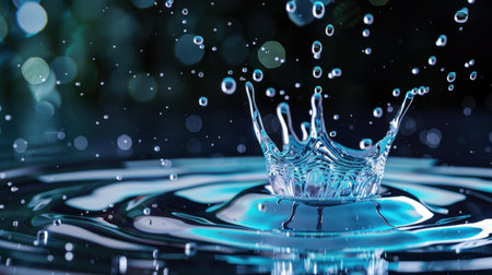 This mesmerizing image captures the moment of a water droplet splashing onto a serene surface, creating dynamic ripples and a stunning bokeh background that adds depth and beauty.の素材