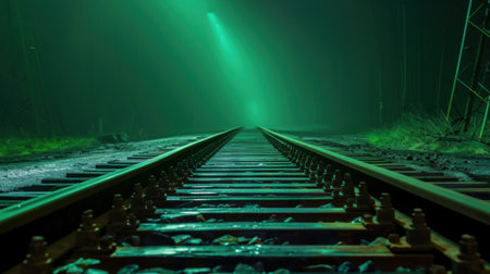 A captivating view of railroad tracks extending into a foggy forest under green light, evoking a sense of mystery, adventure, and exploration in nature.の素材