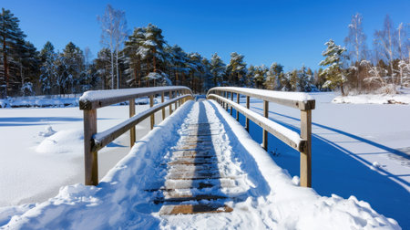 A charming wooden bridge stretches across a frozen lake, enveloped in snow with surrounding pine trees, creating a serene winter landscape.の素材