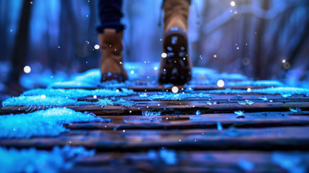 A serene scene depicting boots walking on a frosty wooden pathway in a snowy forest, illuminated by soft light and gently falling snowflakes.の素材