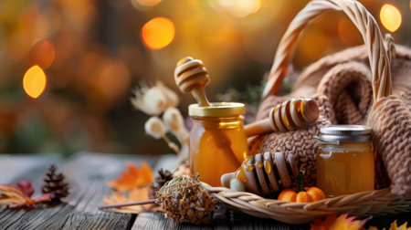 A delightful autumn arrangement showcases honey jars and a dipper in a rustic basket, surrounded by vibrant leaves and warm lighting, evoking seasonal charm.の素材